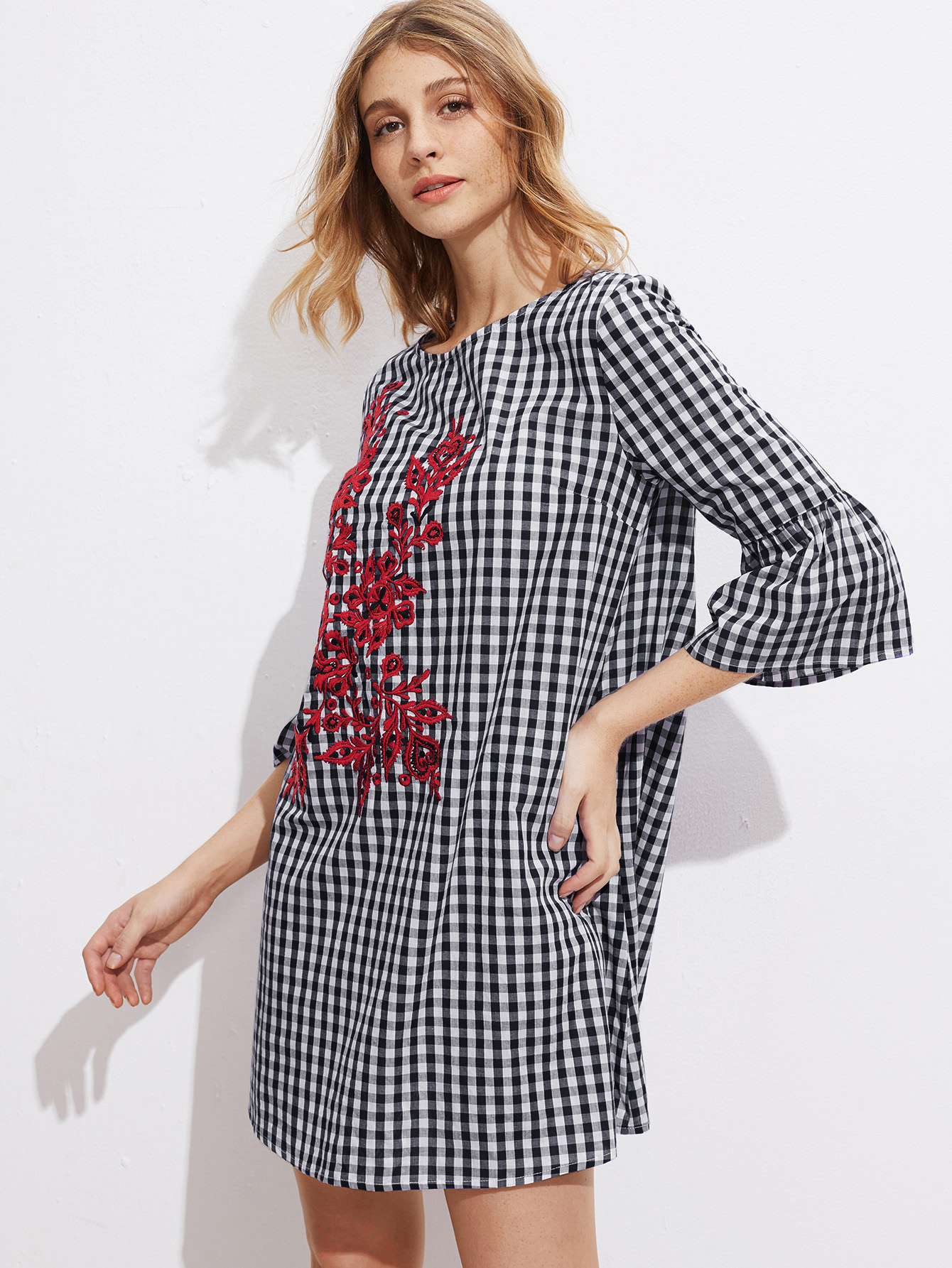 Fluted Sleeve Vine Embroidered Gingham Dress SheIn(Sheinside)