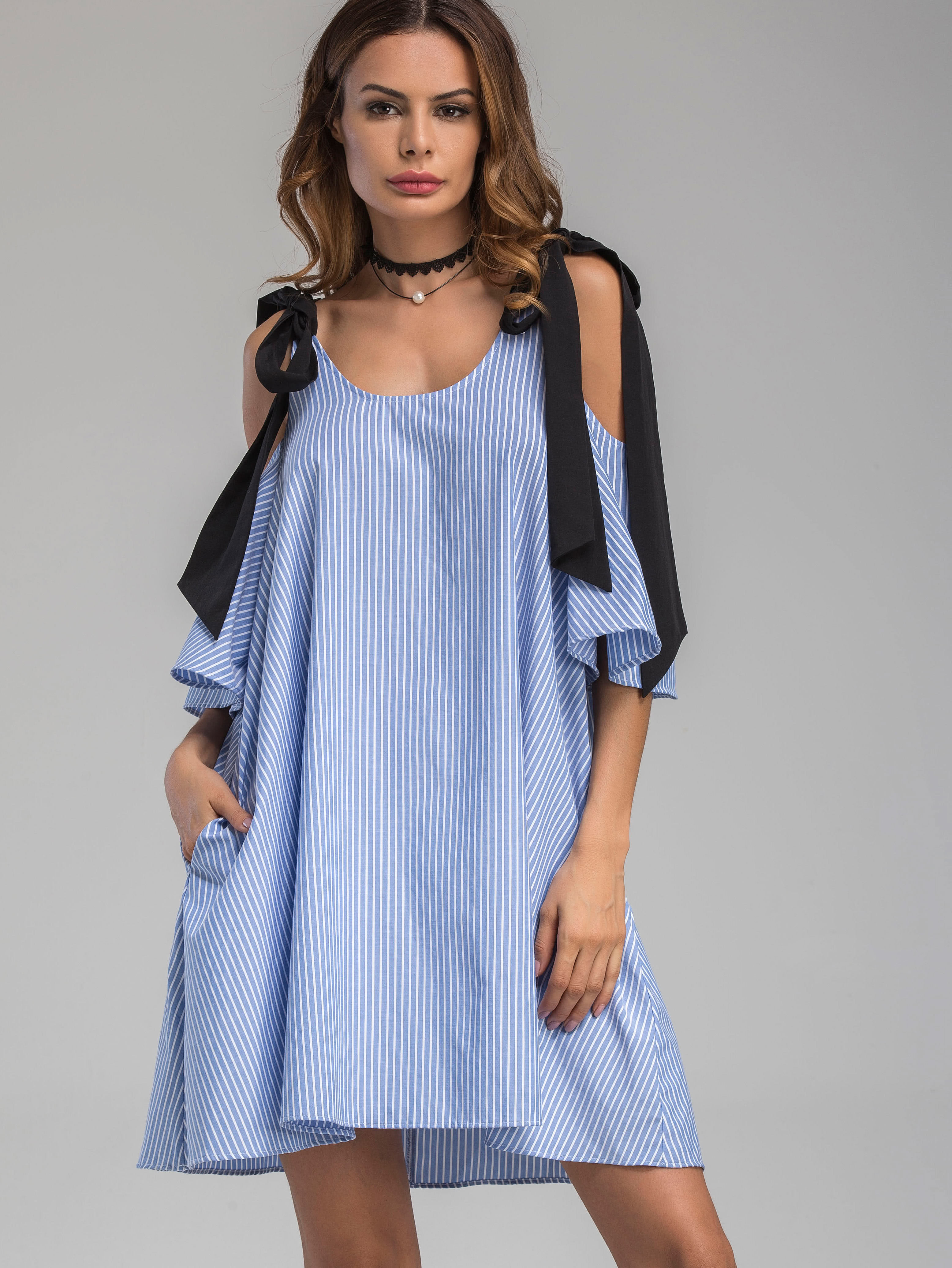 Contrast Tie Cold Shoulder Vertical Striped Dress