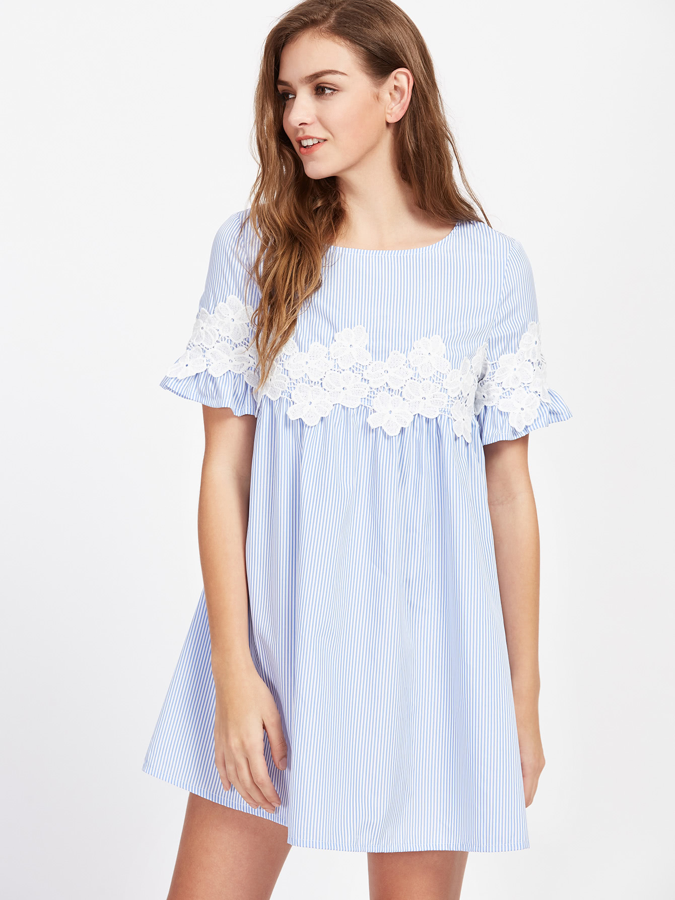 Floral Lace Applique Frill Sleeve Striped Babydoll Dress