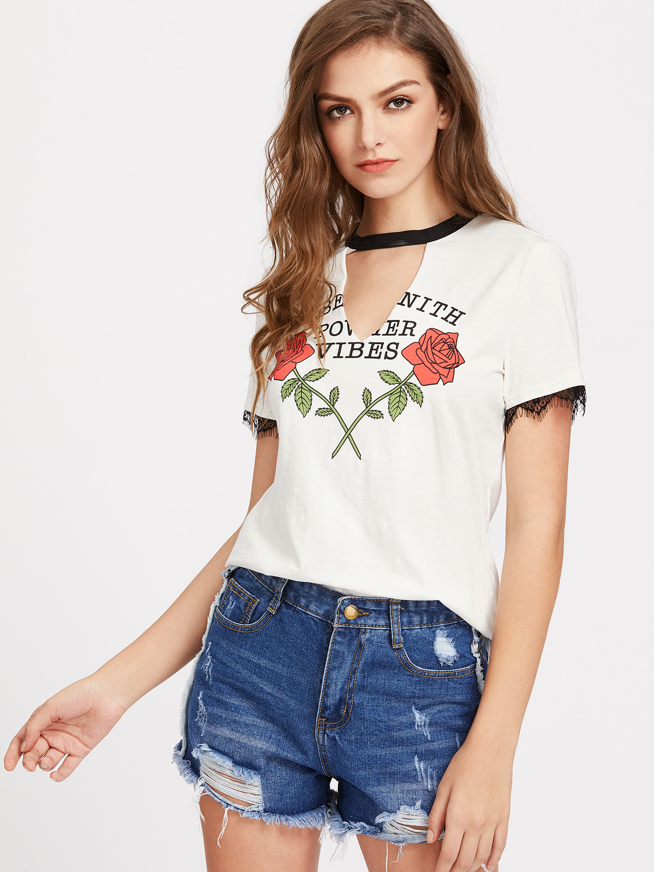 Contrast V Cutout Neck Lace Trim Rose Print Tee