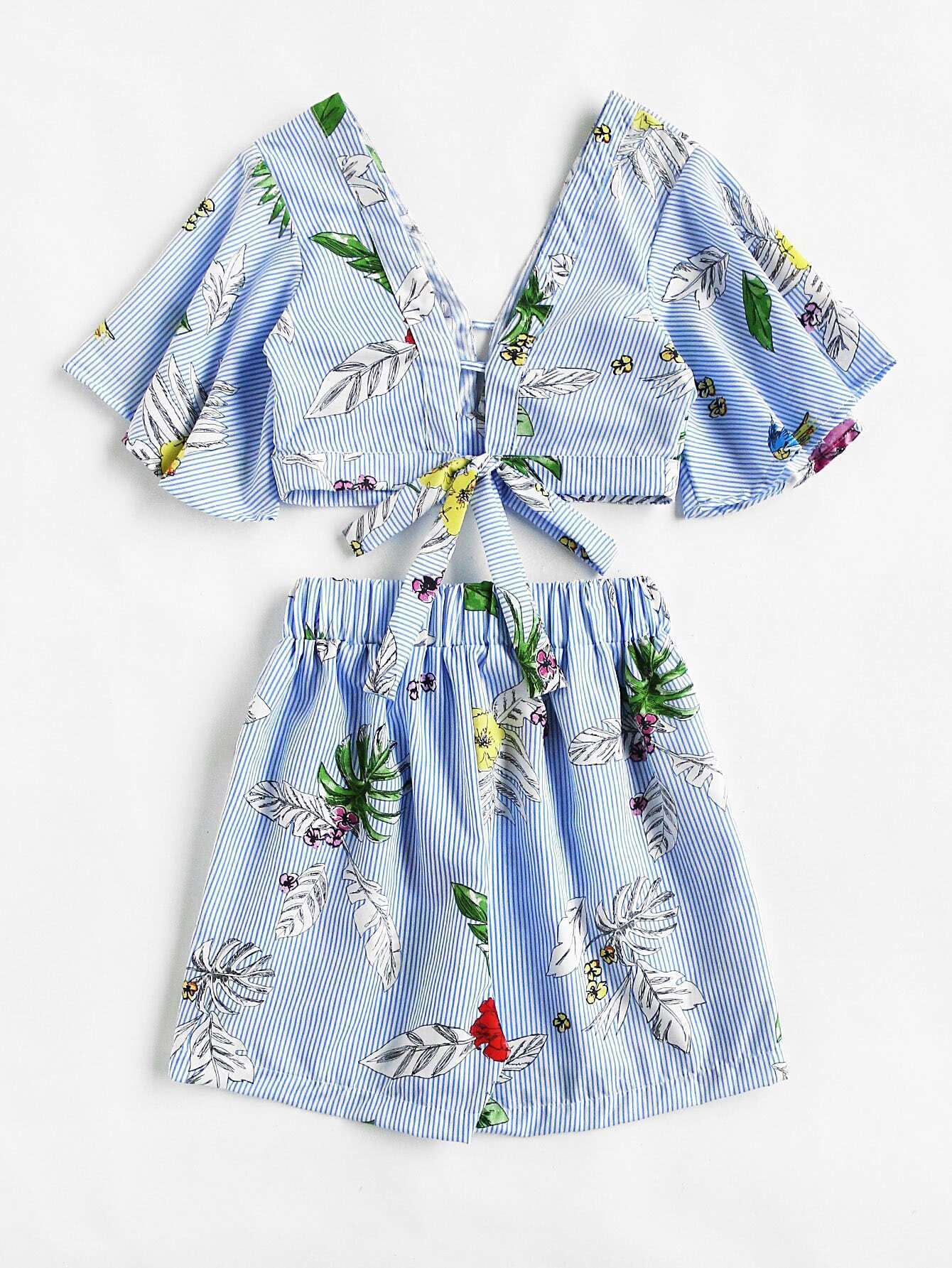 Conjunto corto con cuello en V de rayas cn nudo -Spanish Romwe