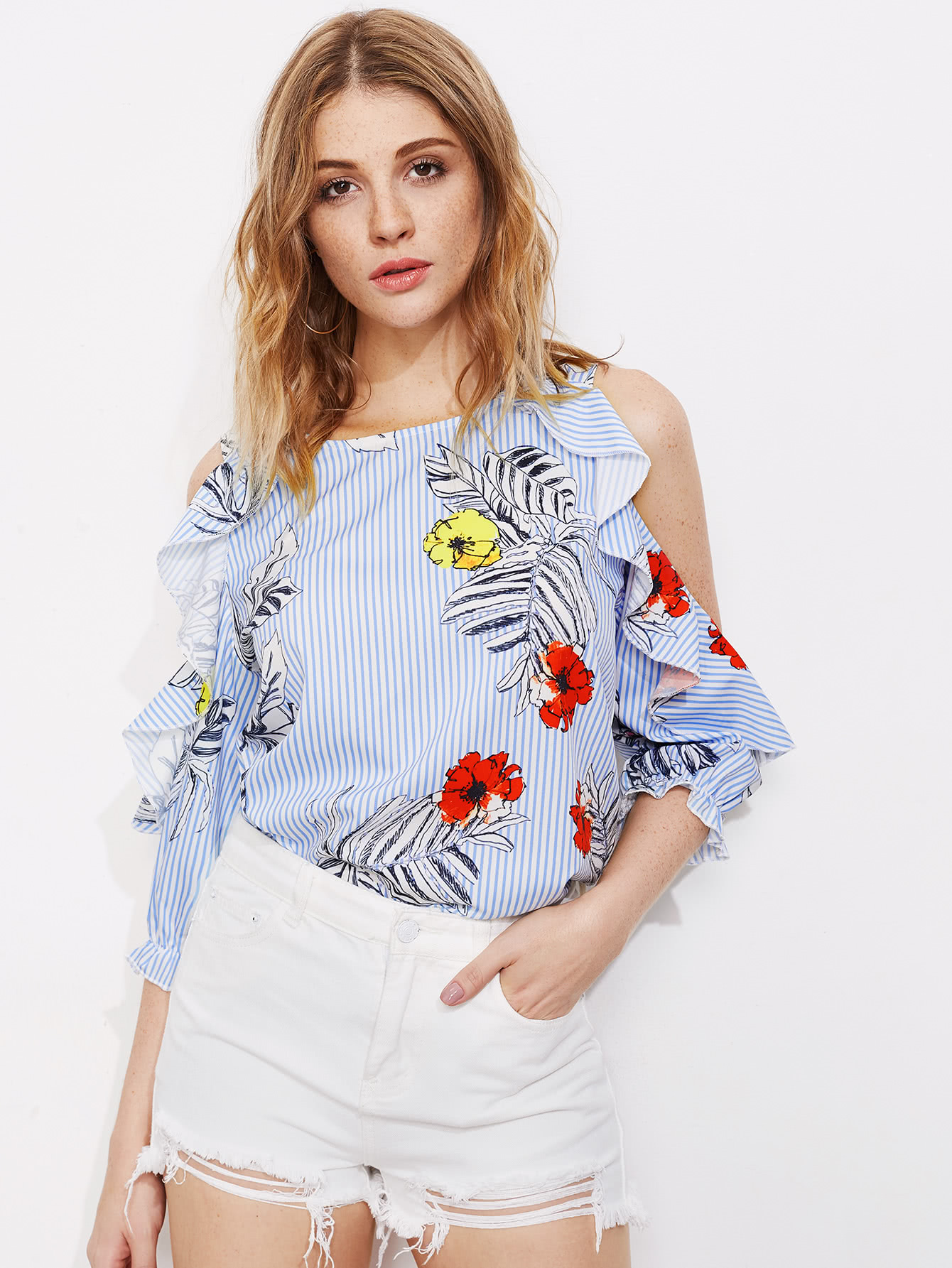 Vertical Striped Jungle Print Open Shoulder Frill Trim Blouse