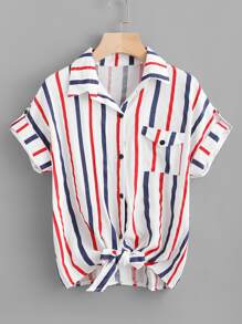 Striped Knot Front Cuffed Shirt With Chest Pocket