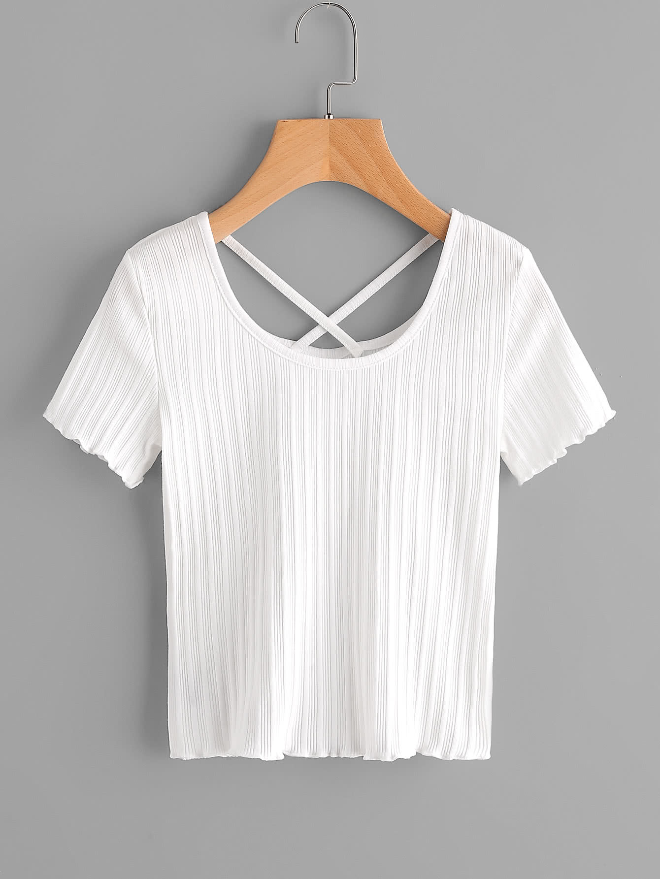 Criss Cross Back Lettuce Edge Trim Ribbed Tee