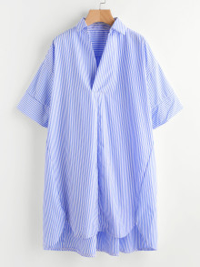 Drop Shoulder Dip Hem Striped Shirt Dress