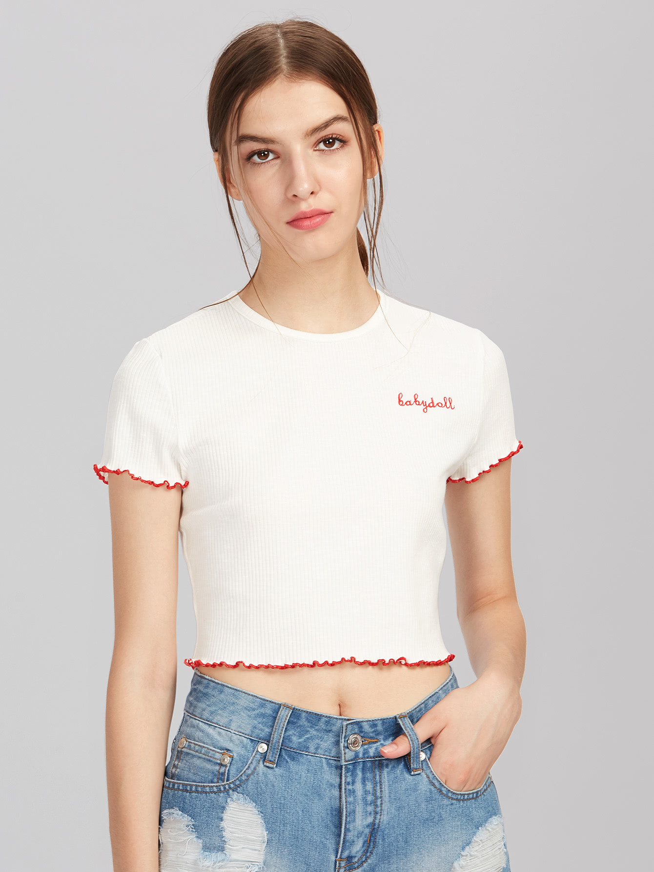 Lettuce Hem Edge Rib Knit Embroidered Tee SheIn(Sheinside)