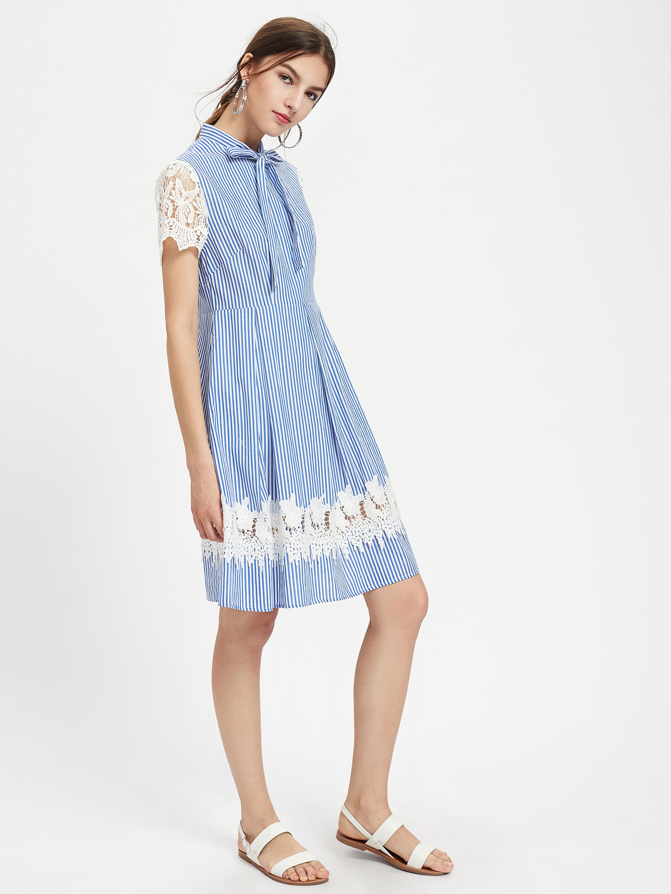 Lace Detail Bow Tie Neck Box Pleated Dress SheIn(Sheinside)