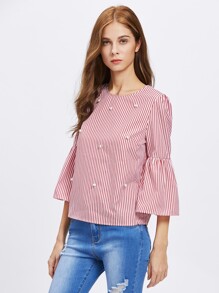 Trumpet Sleeve Pearl Embellished Keyhole Top 