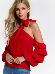 Self Tie Choker Bishop Sleeve Asymmetric One Shoulder Blouse