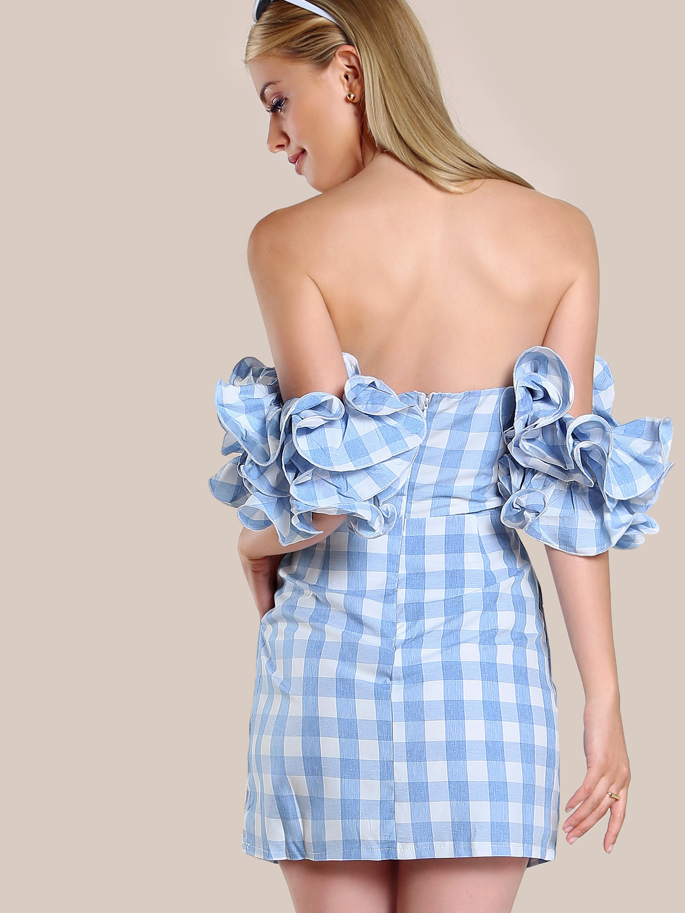 Layered Lettuce Hem Ruffle Sleeve Gingham Dress SheIn(Sheinside)