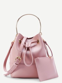 PU Drawstring Shoulder Bag With Clutch