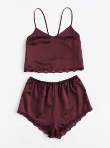 Lace Trim Satin Cami And Shorts Pajama Set