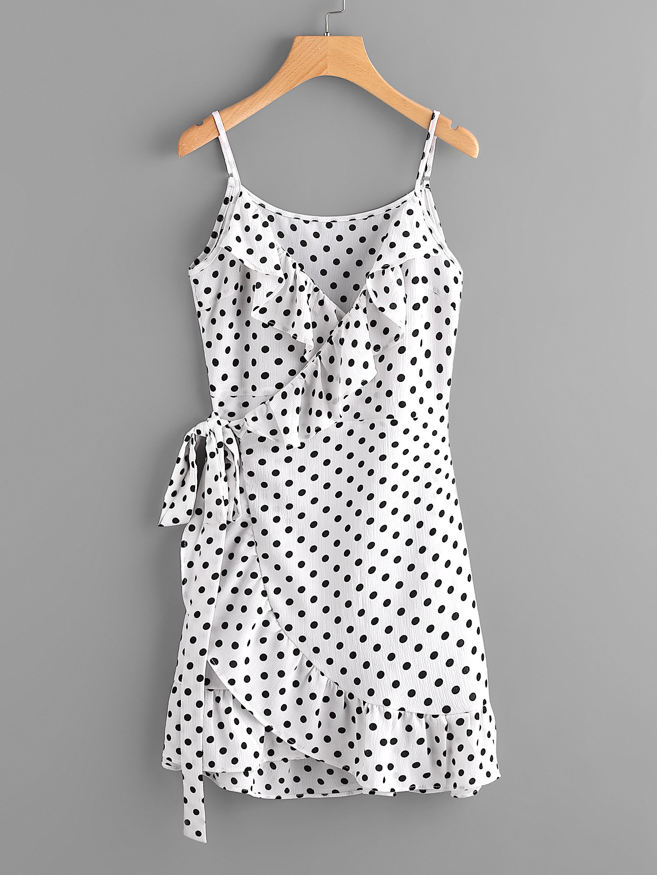 Polka Dot Wrap Self Tie Waist Frill Cami Dress