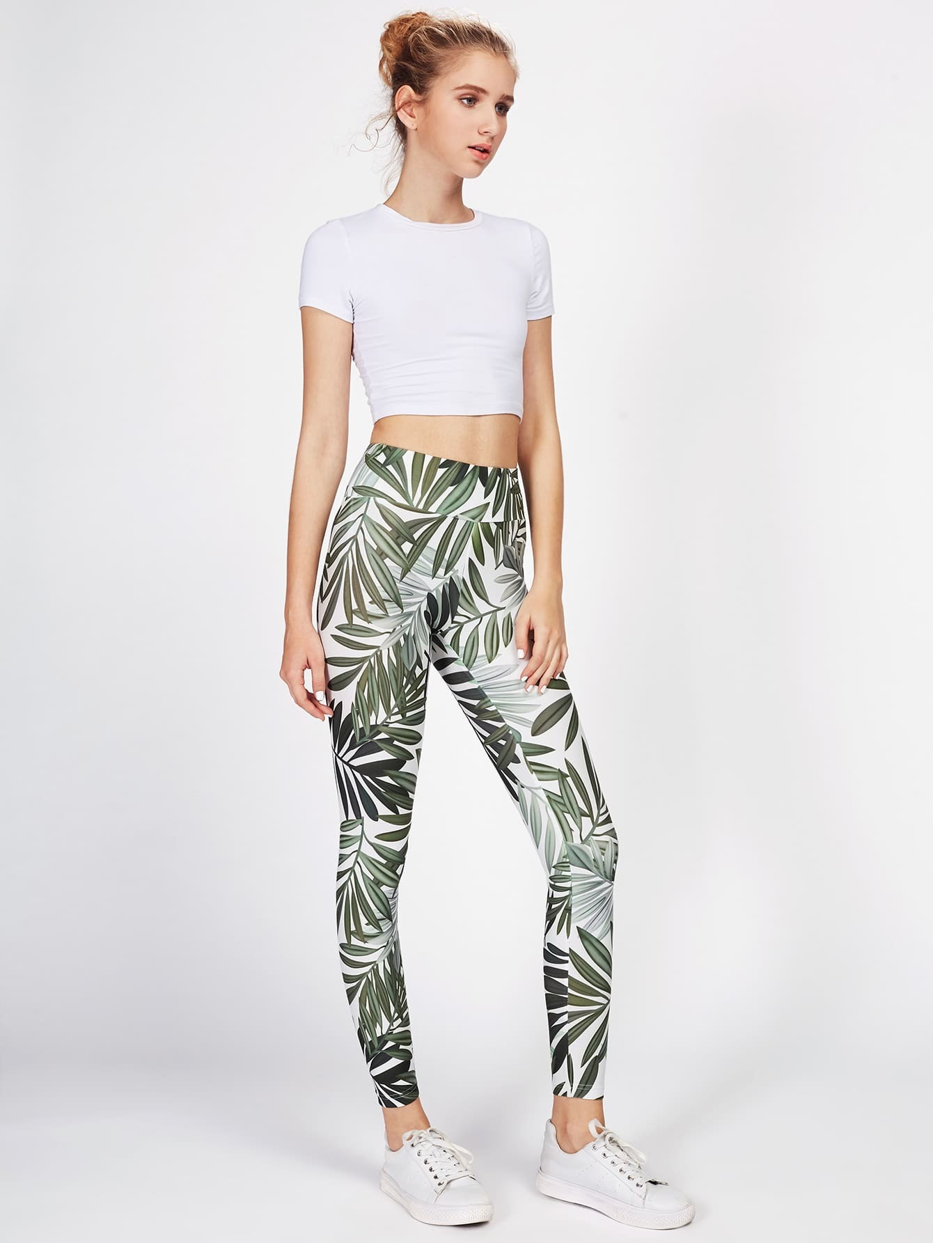 Leaf Print Wide Waistband Leggings SheIn(Sheinside)