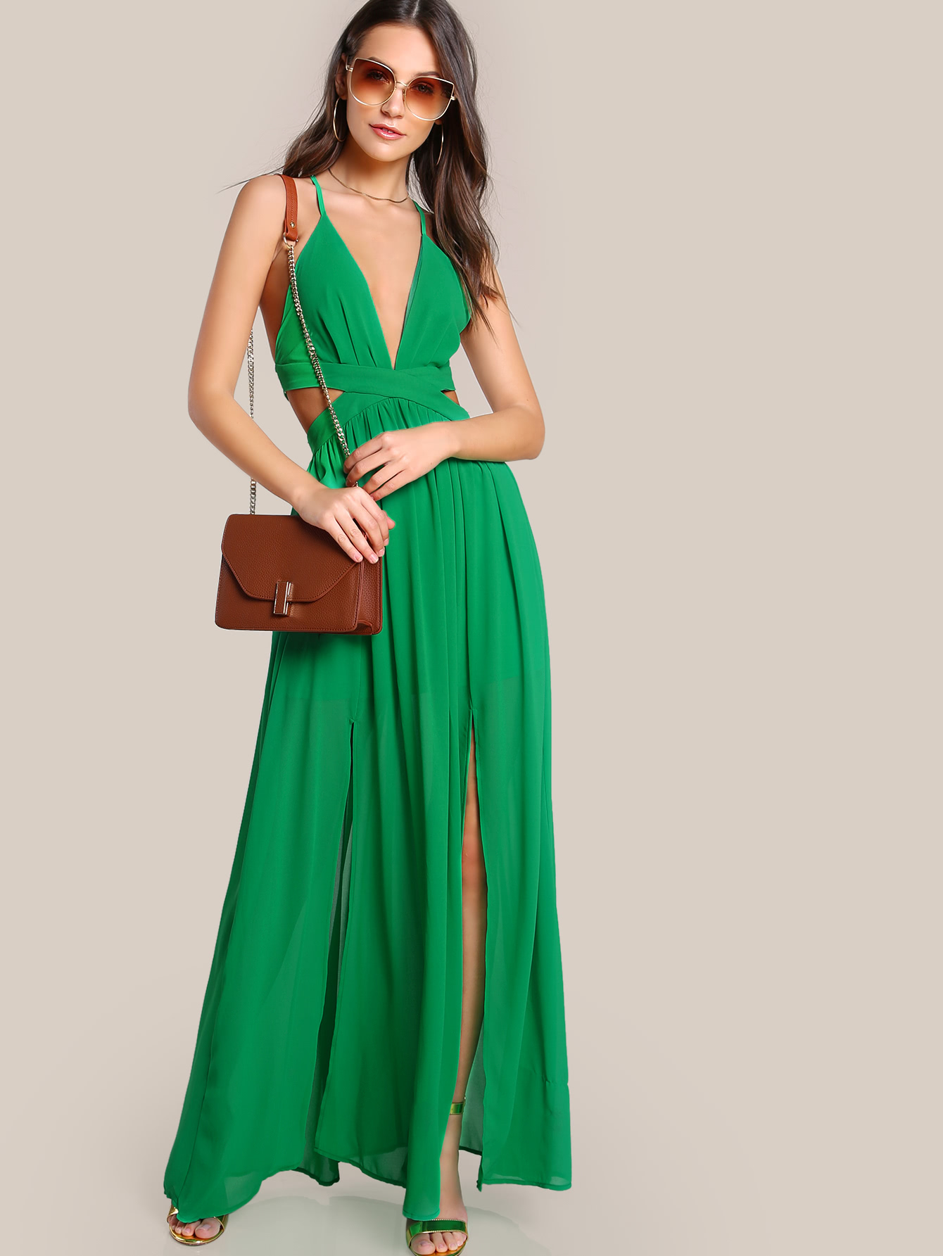 Tie Up Flowy Dress GREEN SheIn(Sheinside)