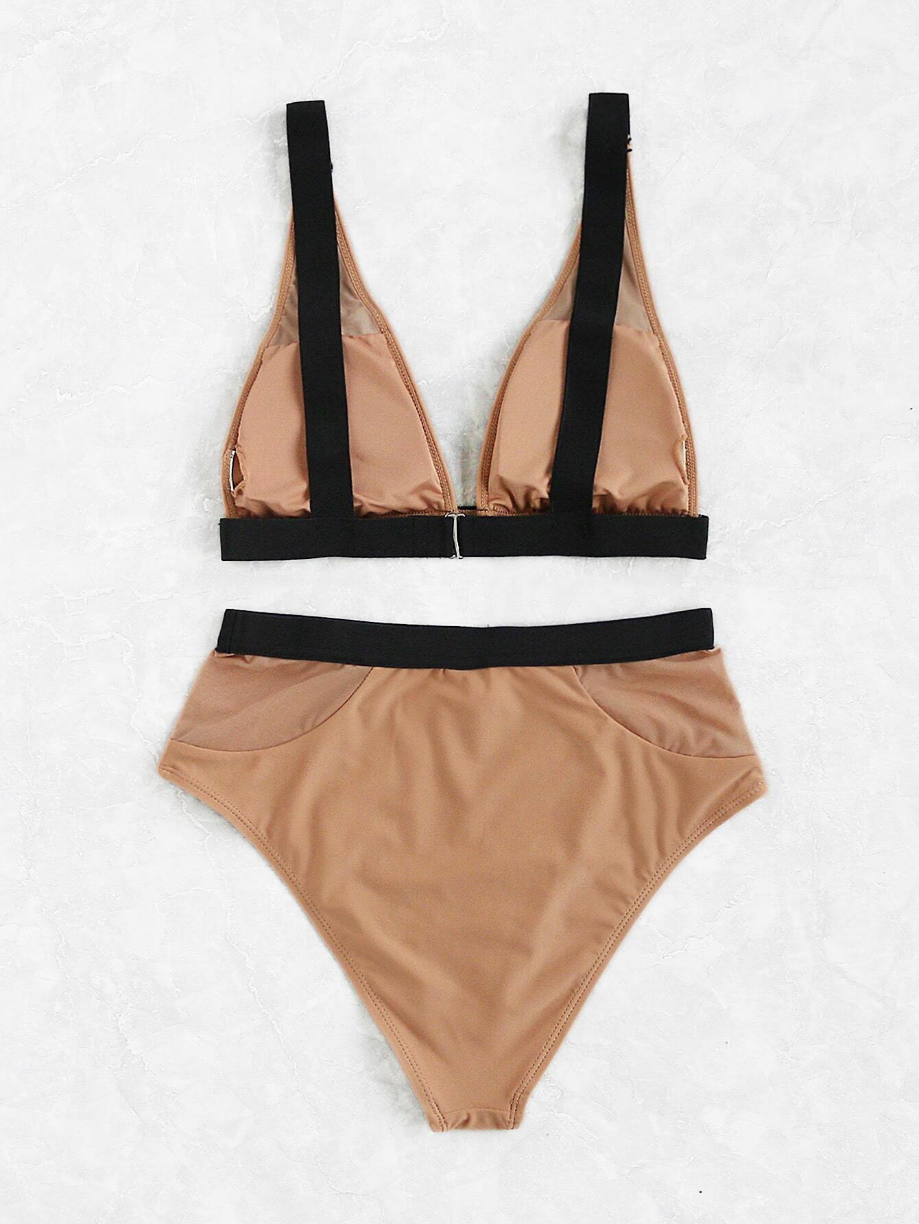 Contrast Binding Mesh Insert High Rise Bikini Set SheIn(Sheinside)