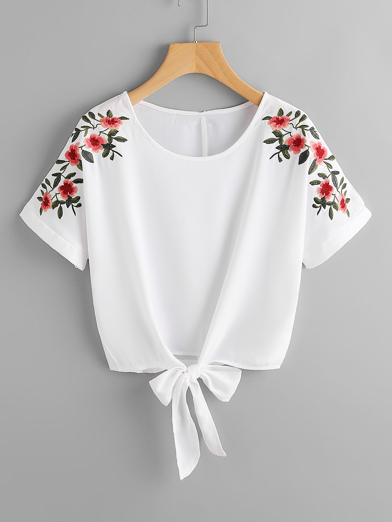 Flower Embroidery Knot Front Top SheIn(Sheinside)