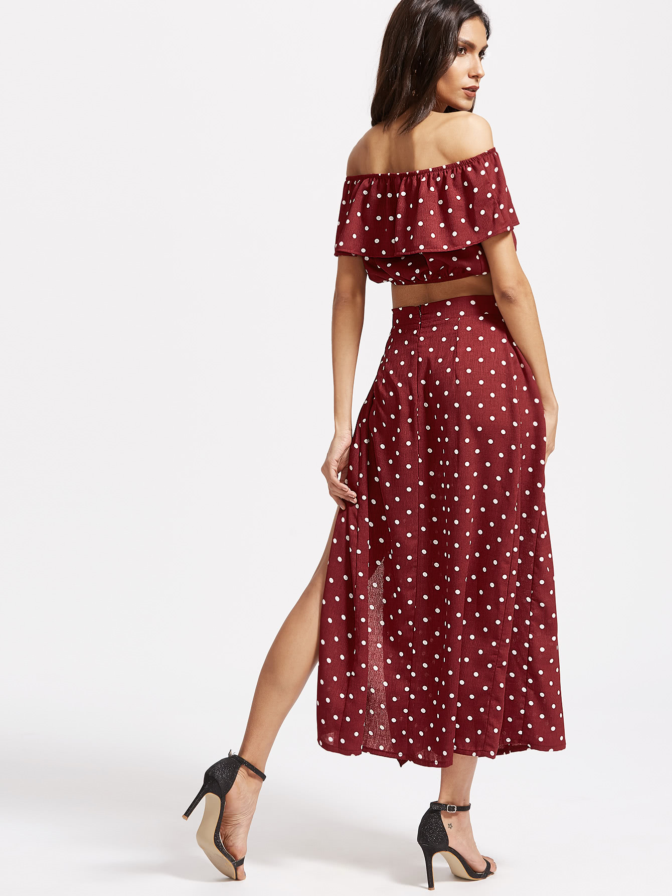 Textured Dot Ruffle Crop Top With Split Skirt