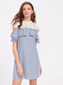 Floral Crochet Shoulder Open Shoulder Flounce Dress