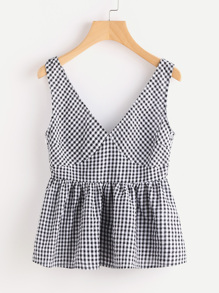 Double Plunge Neck Gingham Peplum Shell Top