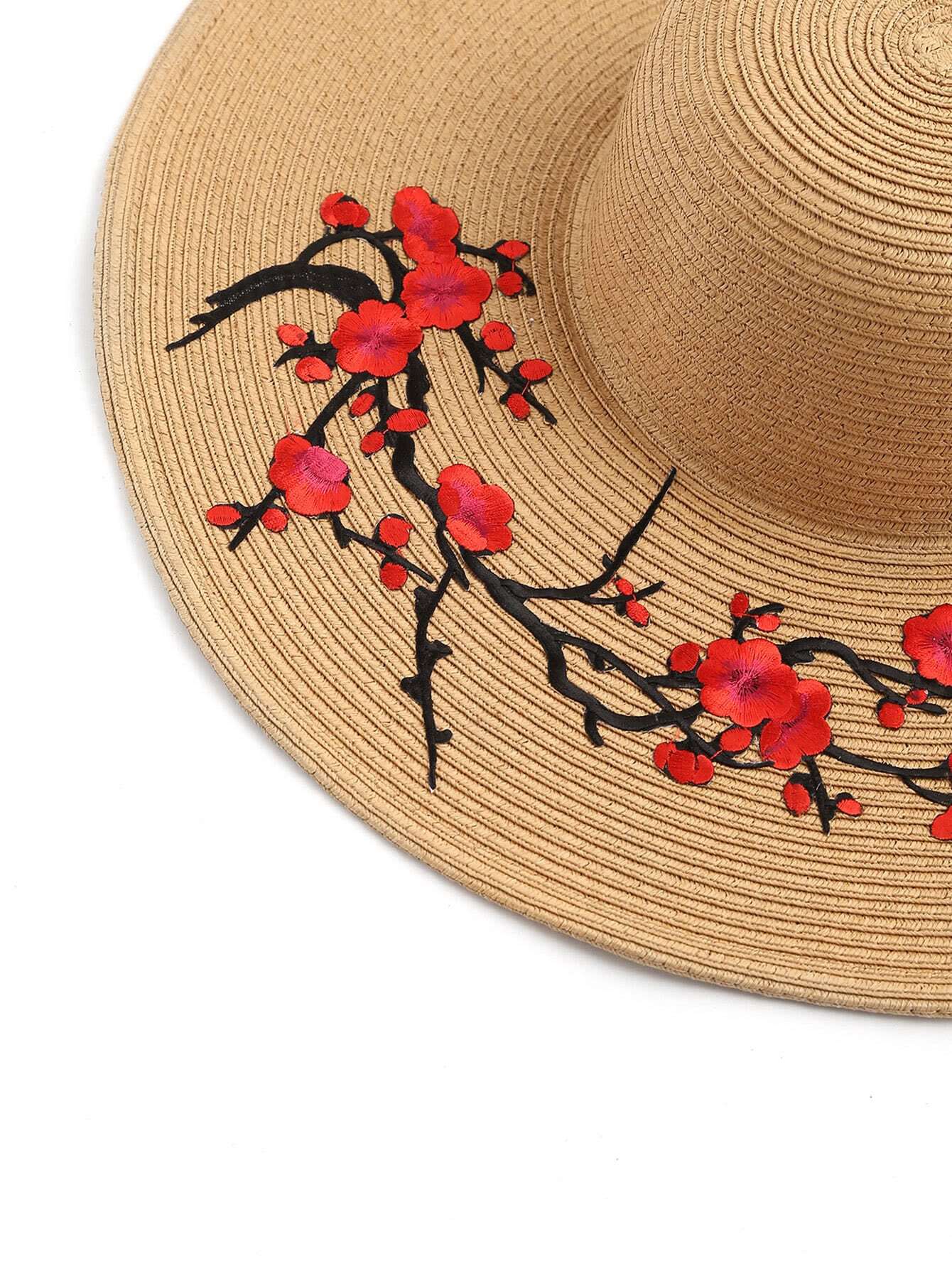 Flower Embroidery Wide Brim Straw HatFor Womenromwe