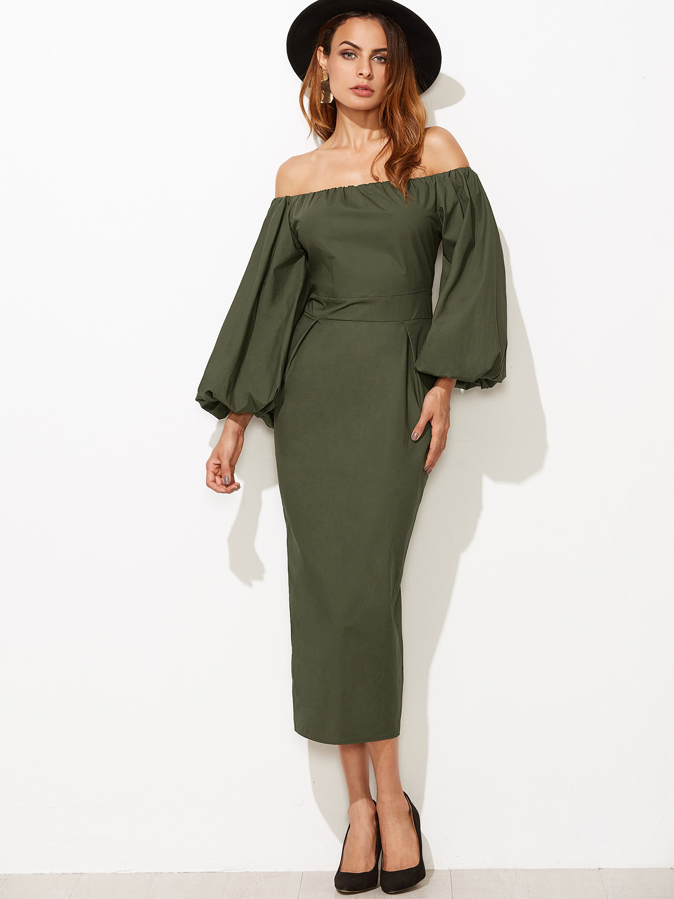 Off Shoulder Lantern Sleeve Slit Back Pencil Dress