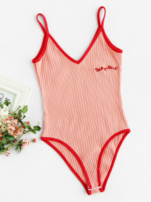 Pinstripe Letter Embroidered Ringer Ribbed Cami Bodysuit