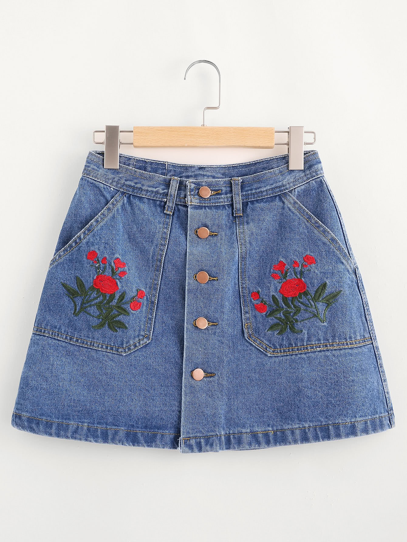Floral Embroidered Single Breasted A Line Denim Skirt a line button through denim skirt