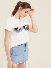 Embroidered Eyes Applique T-shirt