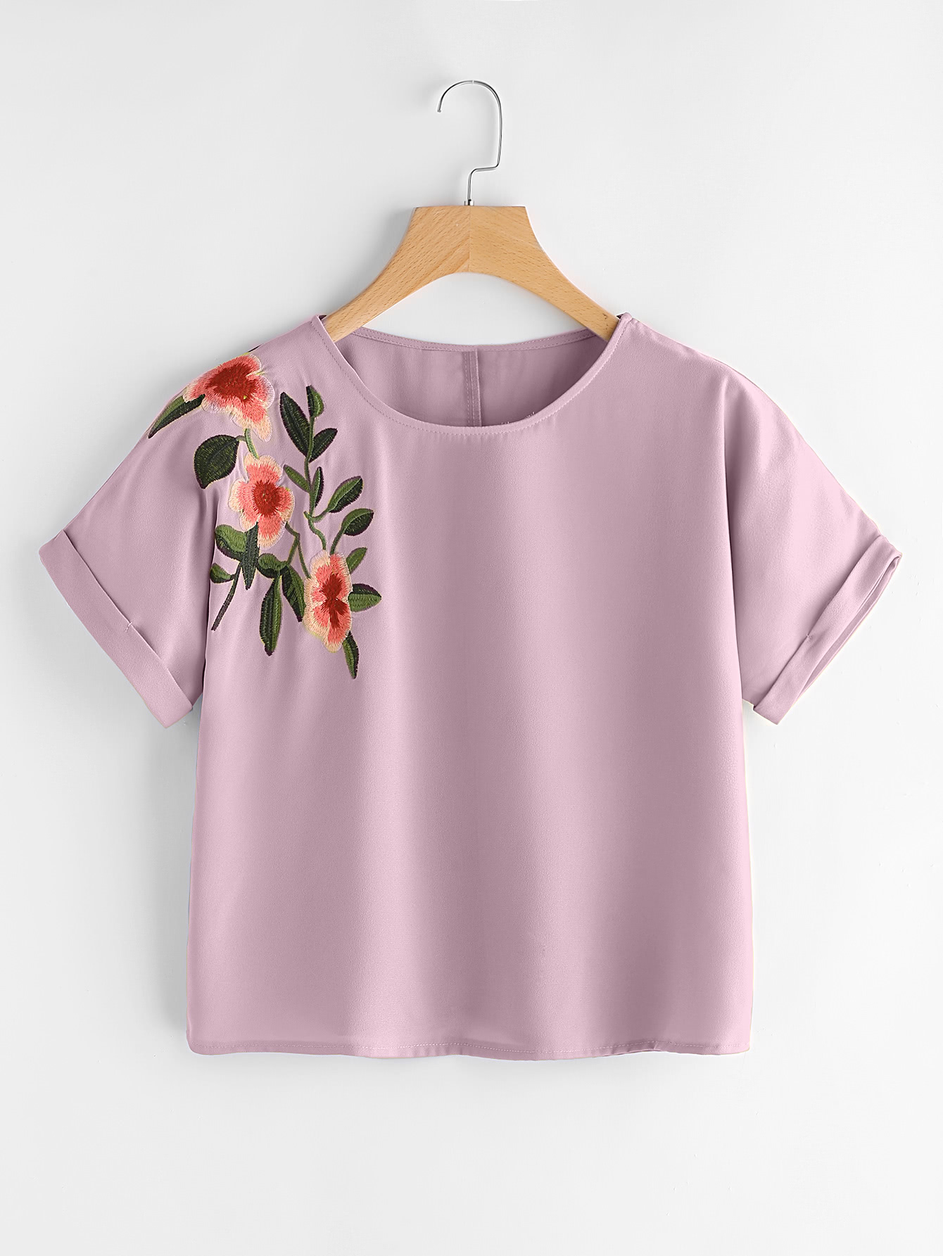 Flower Embroidered Cuffed Sleeve Top SheIn(Sheinside)
