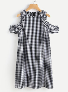 Gingham Open Shoulder Frill Trim Dress