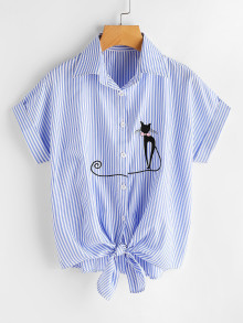 Vertical Striped Cat Embroidery Cuffed Shirt