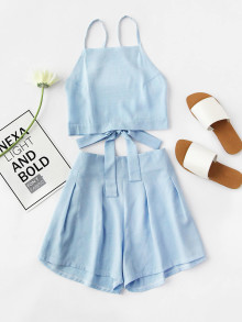 Bow Tie Open Back Cami Top And Shorts Set