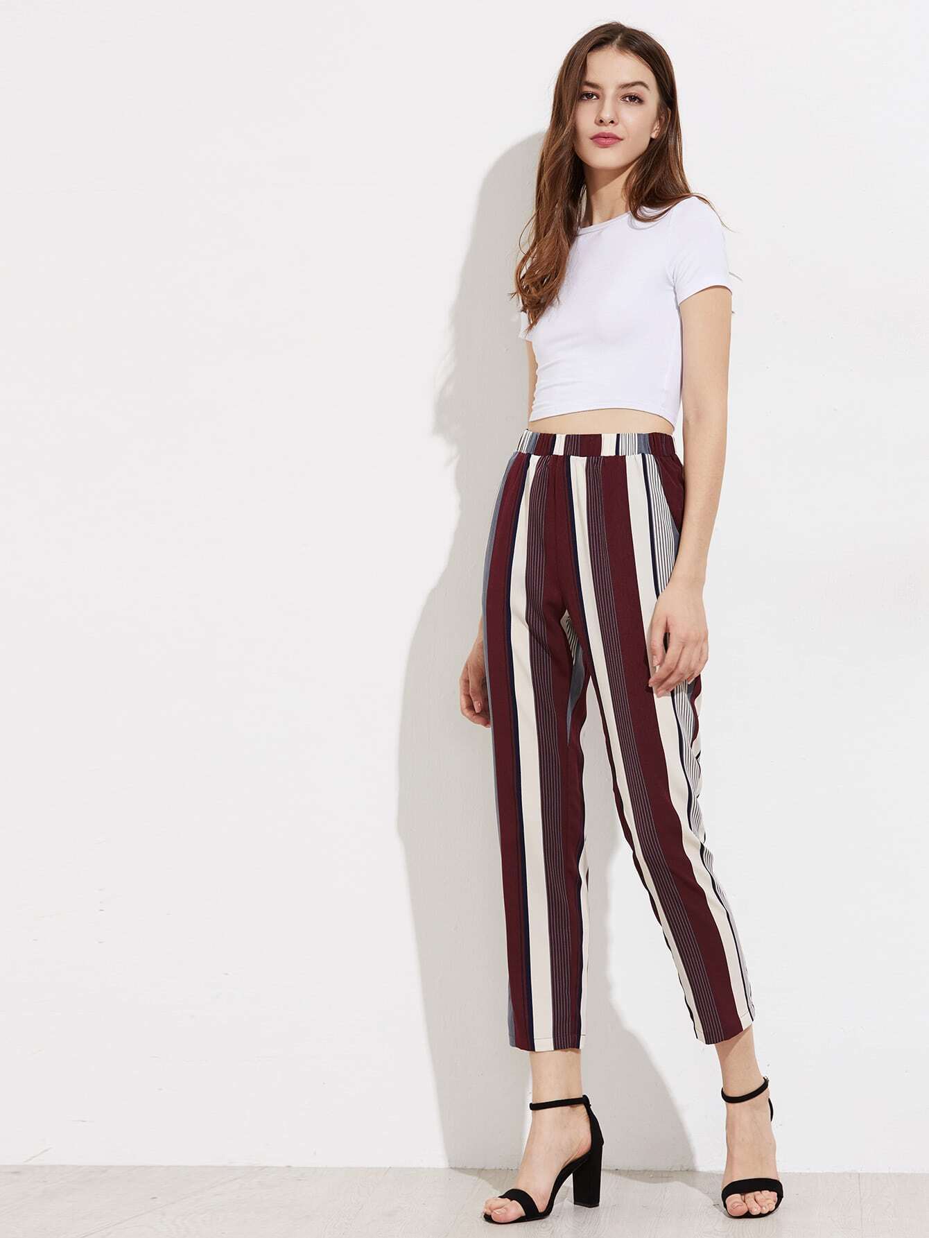 Mixed Stripe Cropped Pants SheIn(Sheinside)