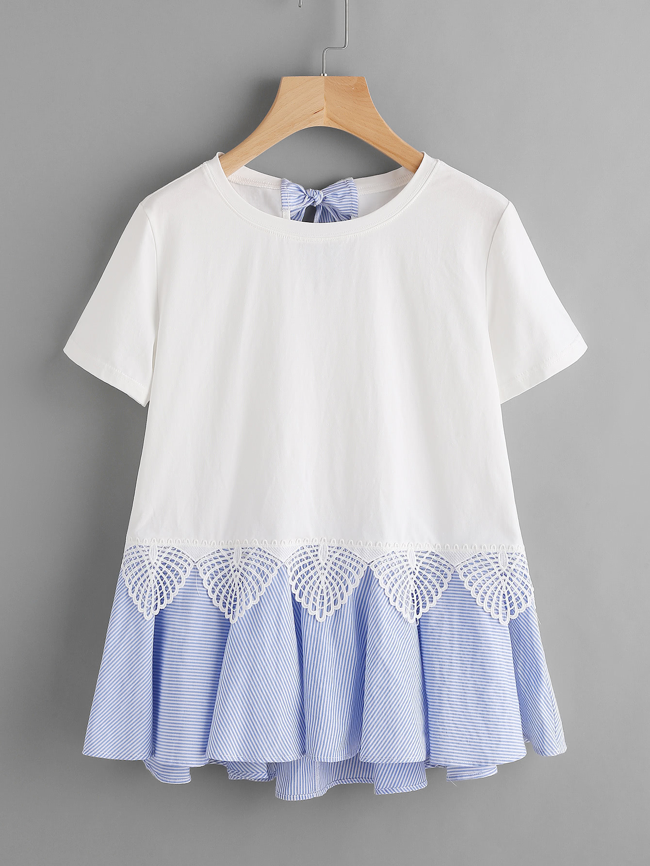 Striped Bow And Ruffle Hem Mixed Media Tee SheIn(Sheinside)