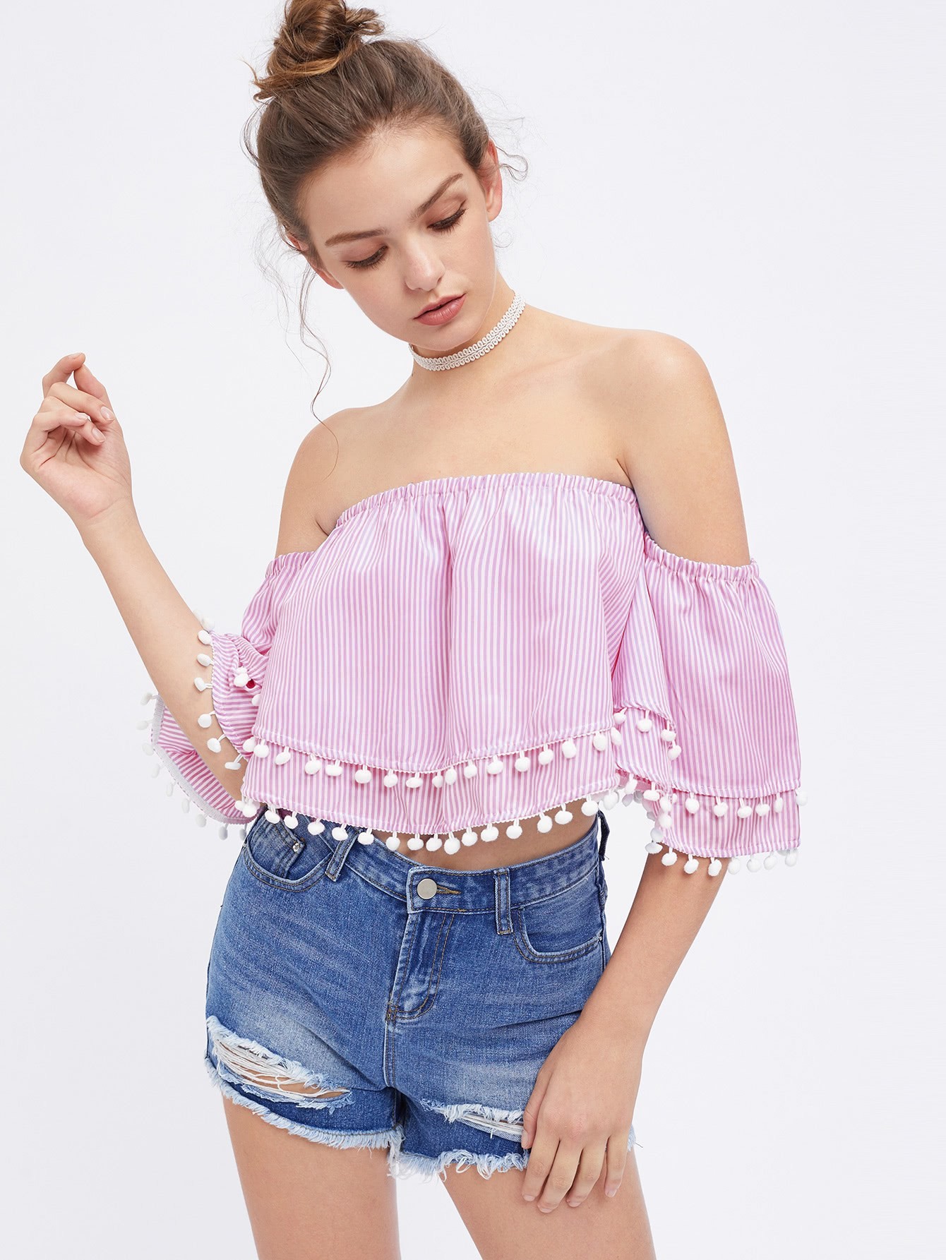 Bardot Vertical Striped Pom Trim Layered Top