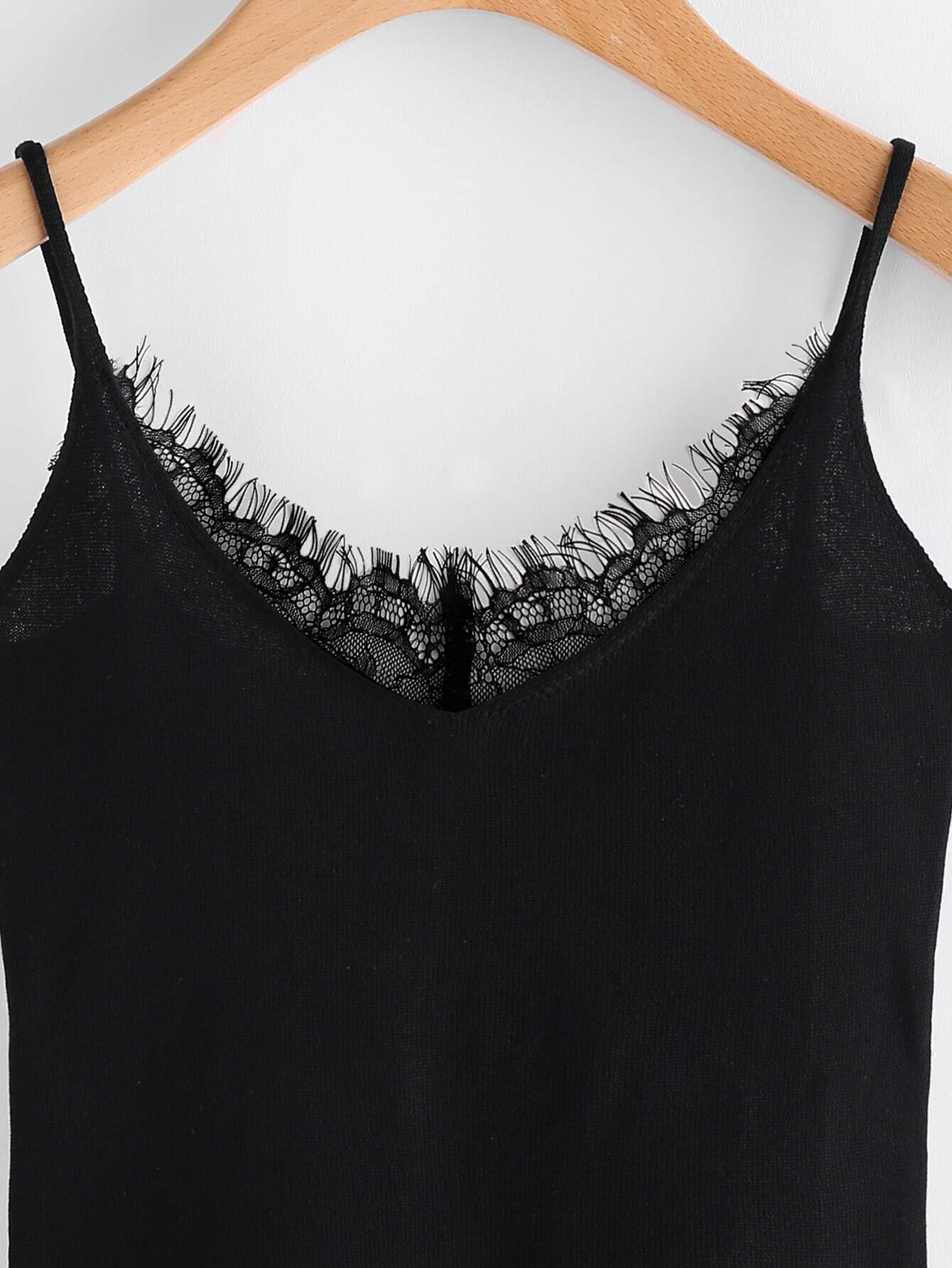 Eyelash Lace Trim Jersey Cami Top SheIn(Sheinside)