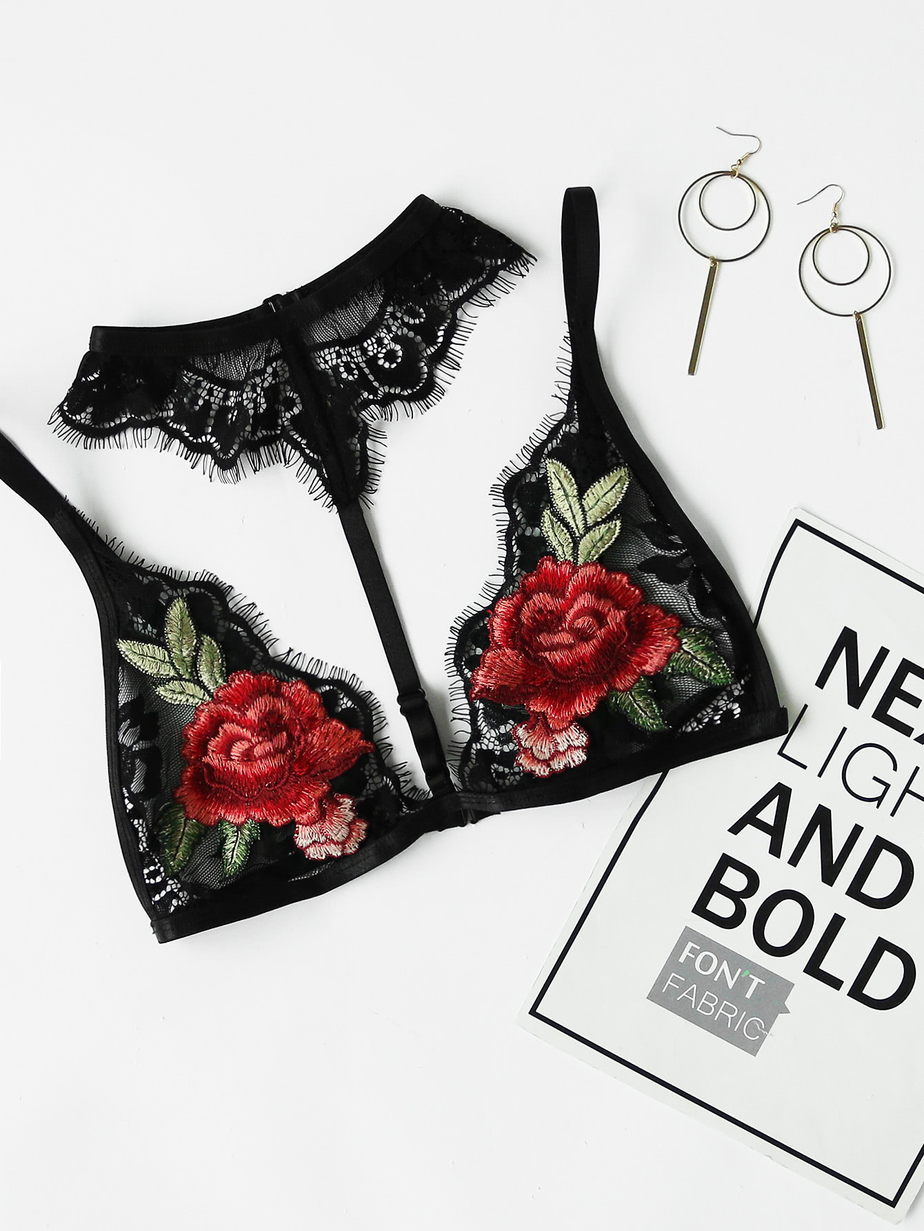 Embroidered Rose Patch Lace Choker Bralette sweet lace choker neck bralette