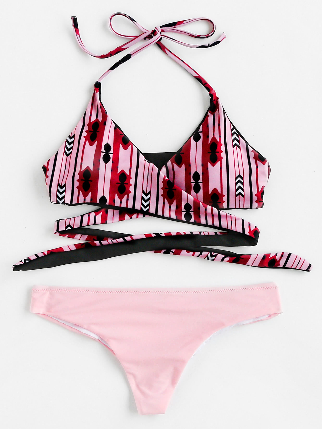 Graphic Print Wrap Halter Bikini Set SheIn(Sheinside)