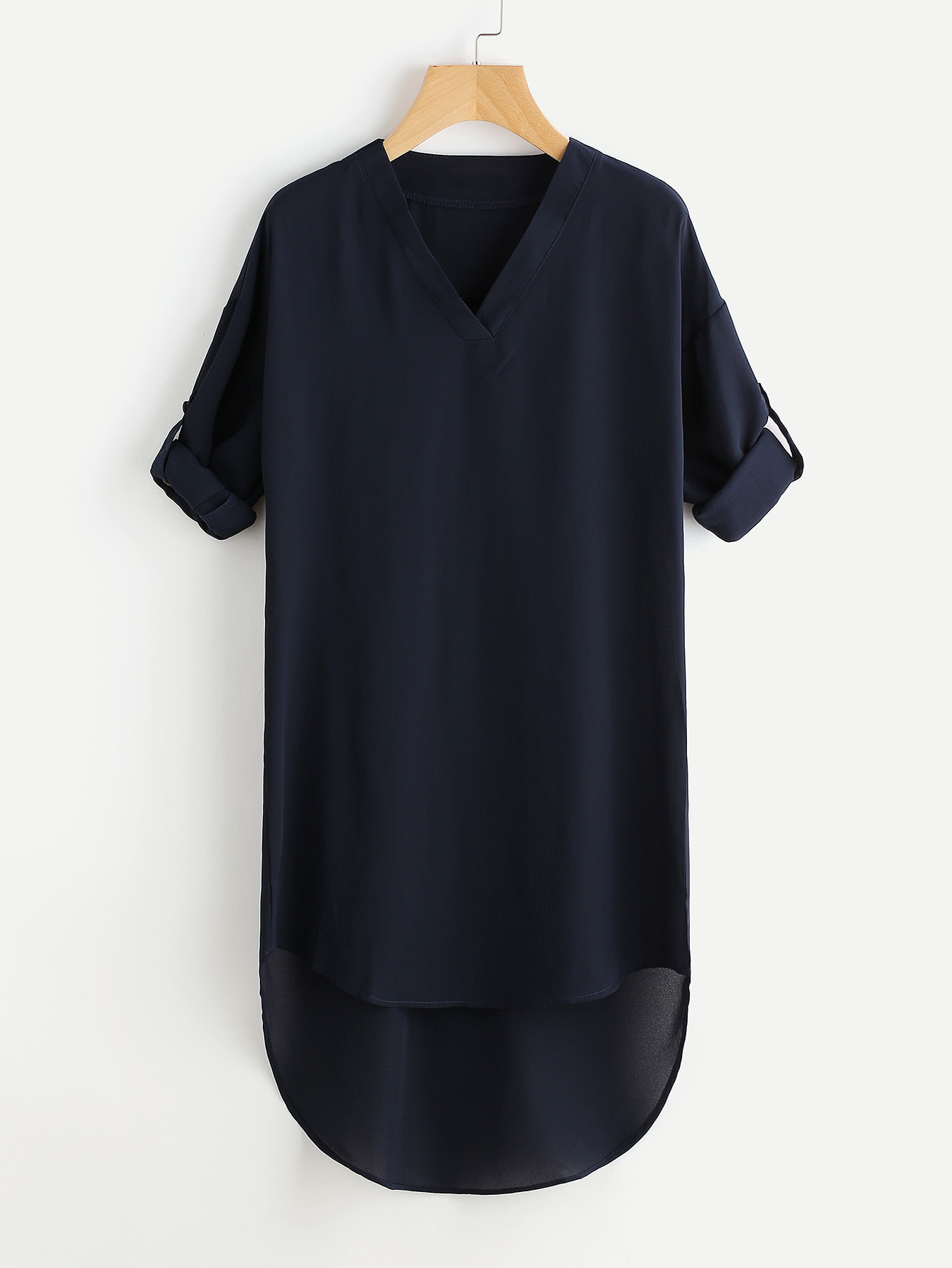 Drop Shoulder Roll Tab Sleeve Dip Hem Dress