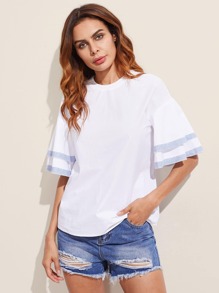 Layered Bell Sleeve Contrast Trim Tied Back Blouse