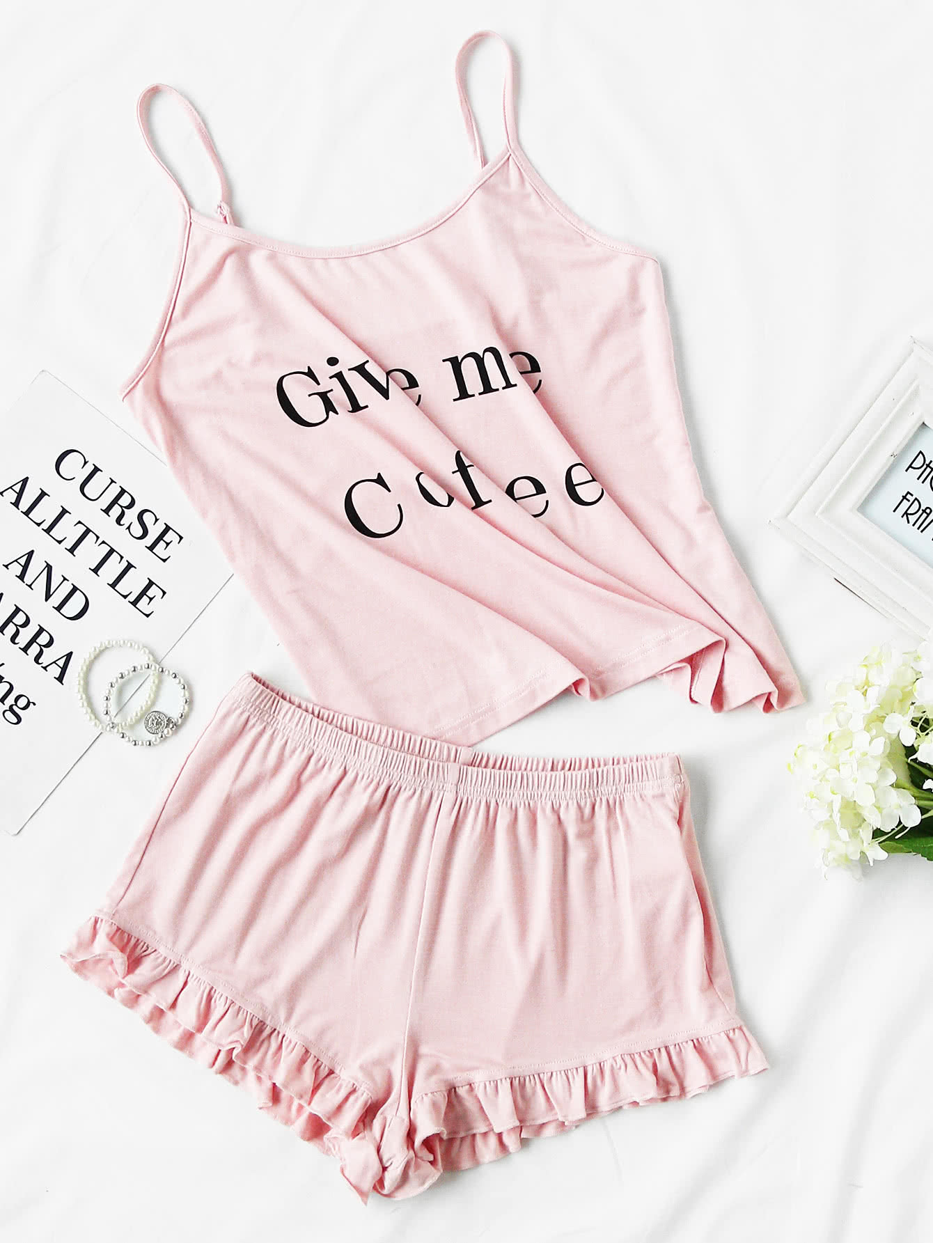 Letter Print Cami And Ruffle Shorts Pajama Set