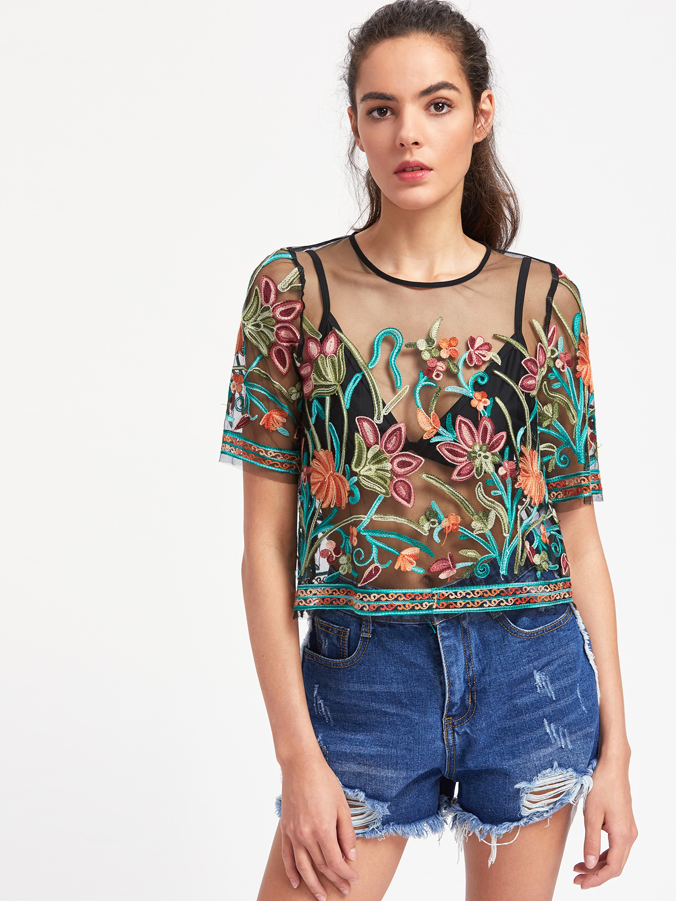 Buttoned Keyhole Botanical Embroidered Mesh Top