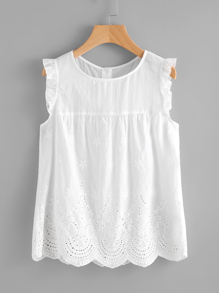 Eyelet Embroidered Scallop Hem Frilled Shell Top