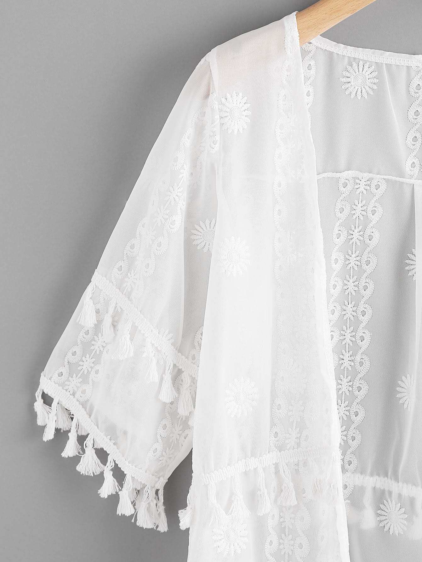 Embroidered Tassel Trim Kimono SheIn(Sheinside)