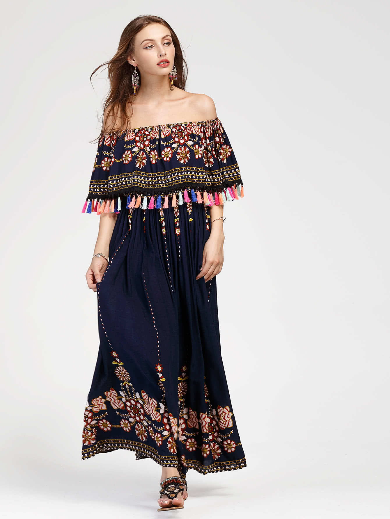 Flounce Layered Neckline Tassel Trim Aztec Print Dress