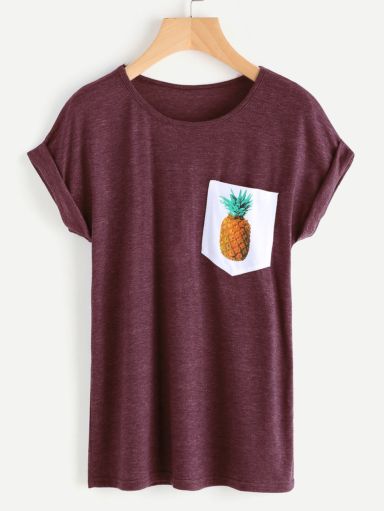 Contrast Pineapple Print Pocket Marled Cuffed Tee
