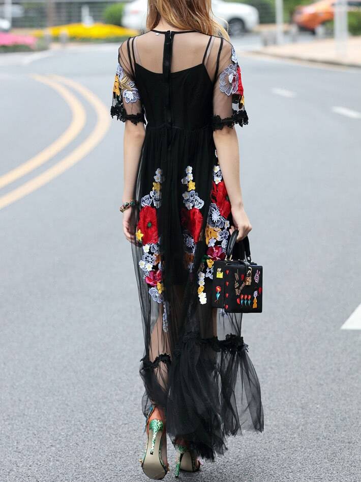 Flowers Applique Gauze Sheer Dress SheIn(Sheinside)