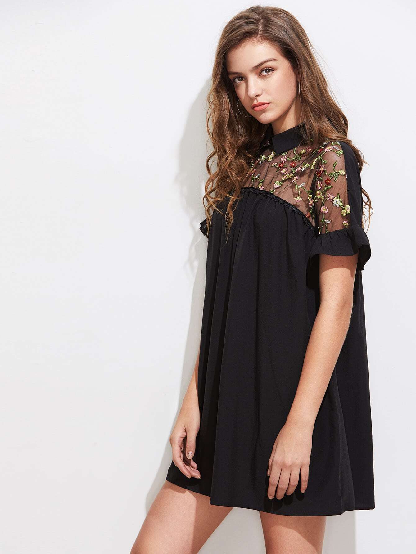 Embroidered Sheer Mesh Insert Tie Back Dress SheIn(Sheinside)