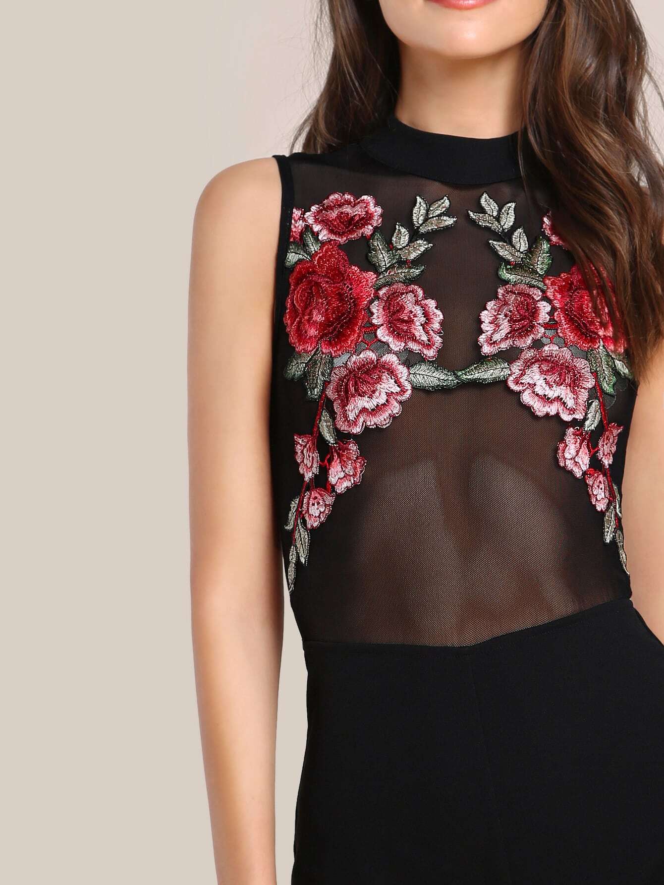 Embroidered Flower Patch Bodice Romper SheIn(Sheinside)